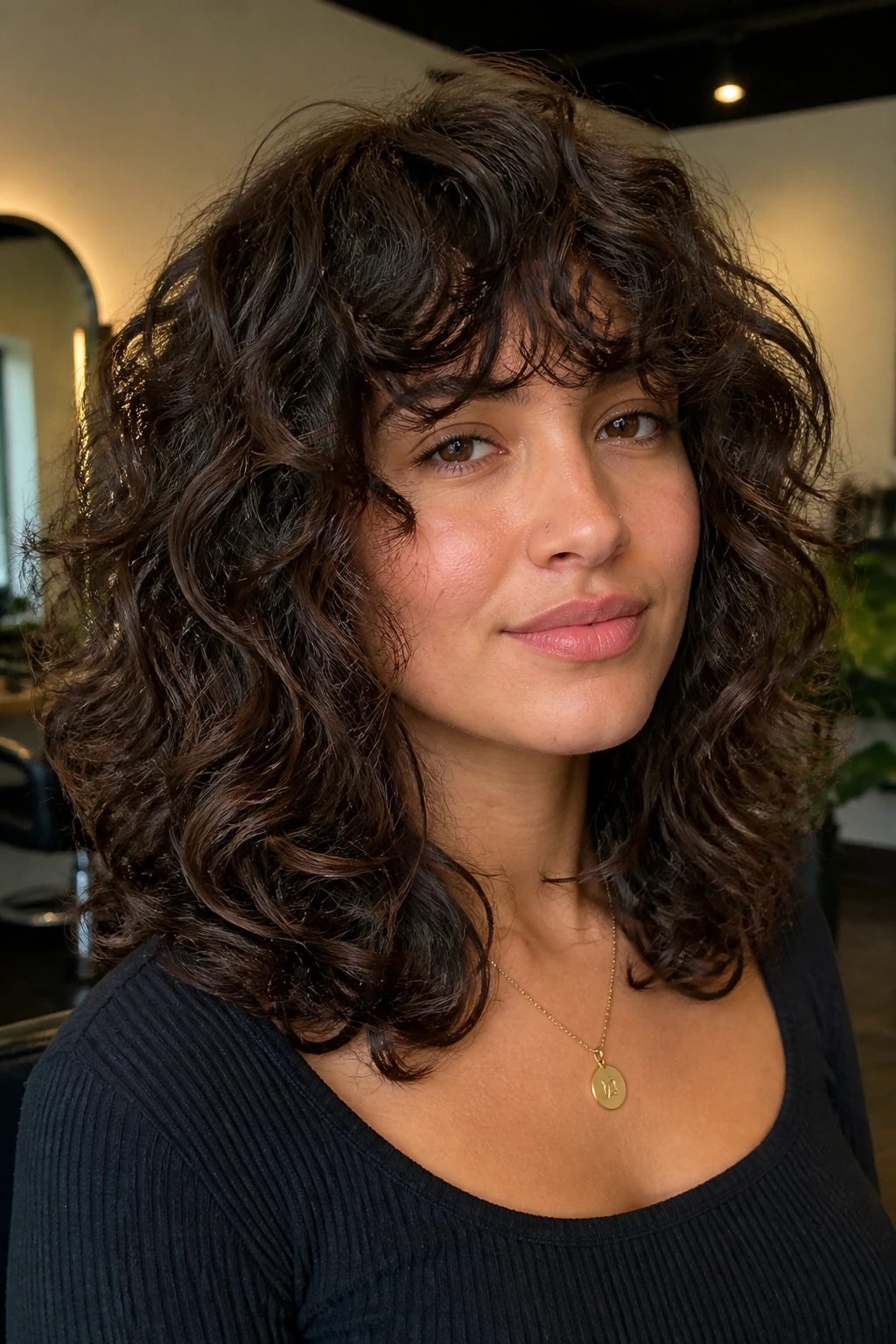 Close-up of a real person with shoulder-length rounded shoulder shag hairstyle