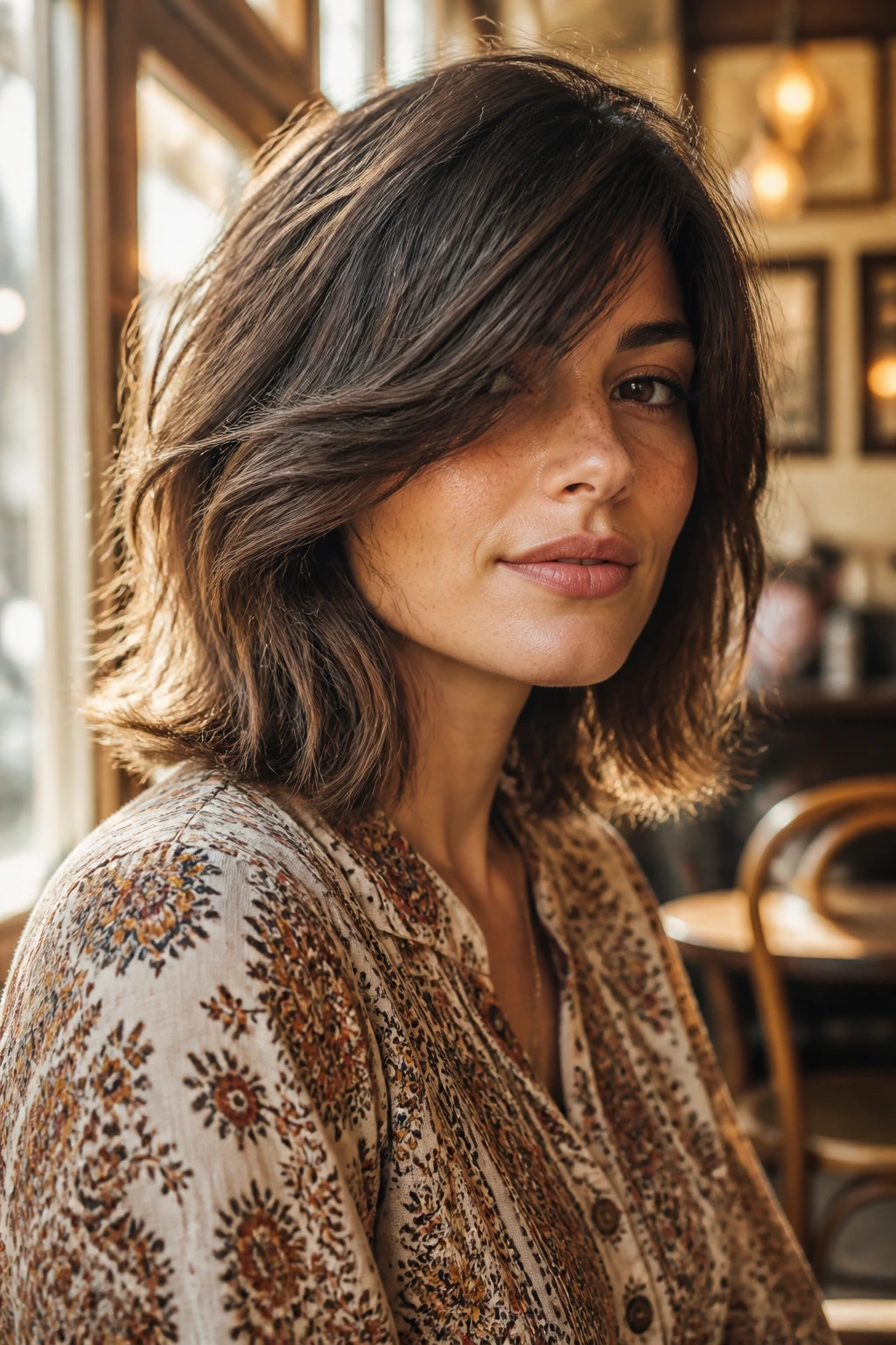 Close-up portrait of a woman with shoulder-graze side-sweep shag in natural light