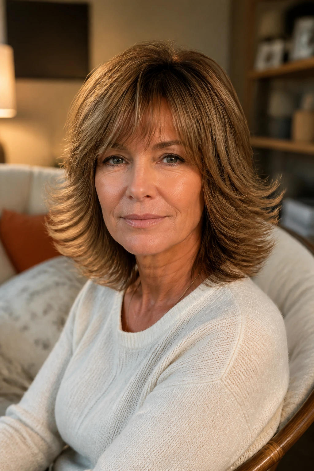 Close-up portrait of a woman with shoulder-shimmy shag and flipped ends