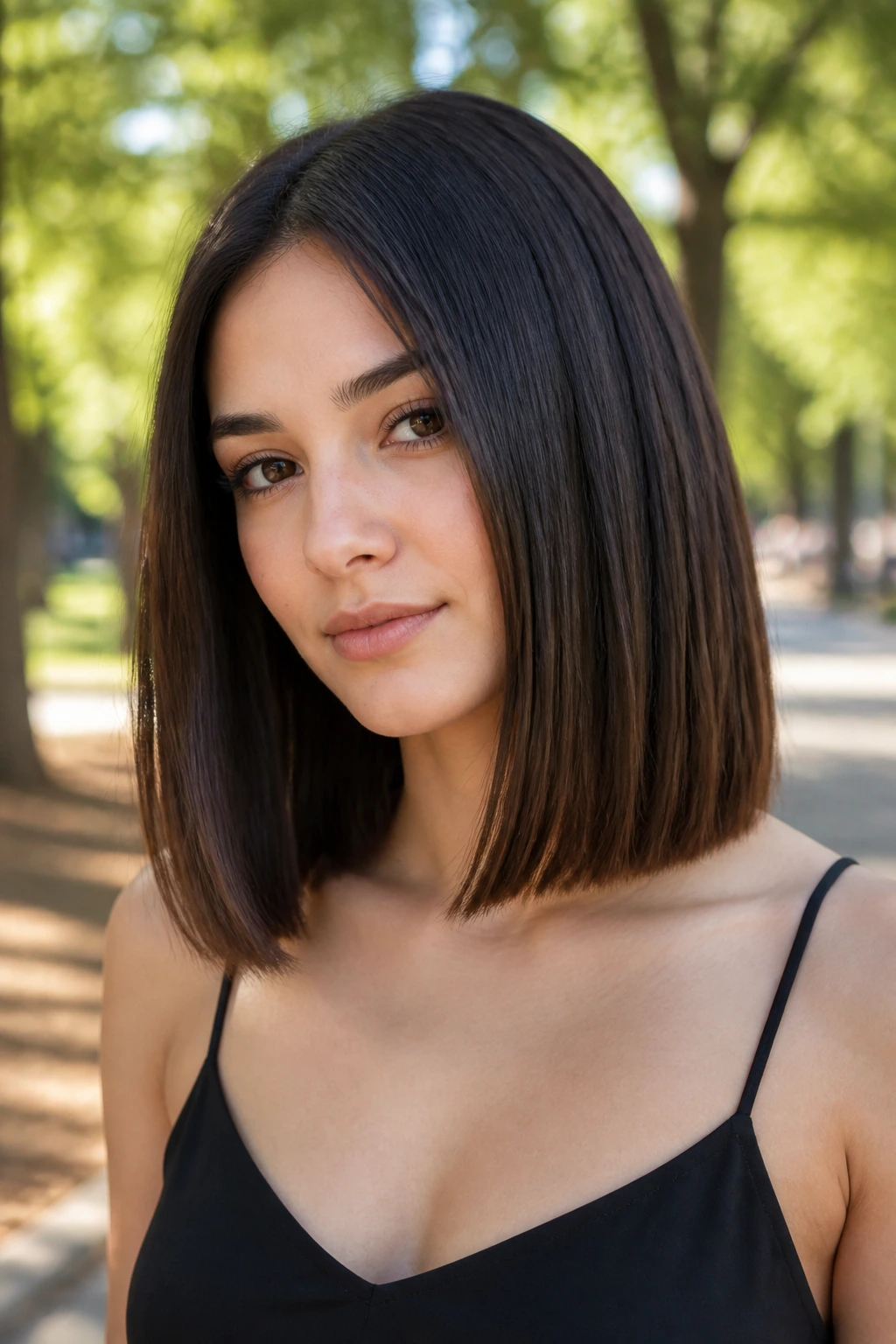 Portrait of a real woman with shoulder-skimming blunt lob, blunt edge at shoulder length