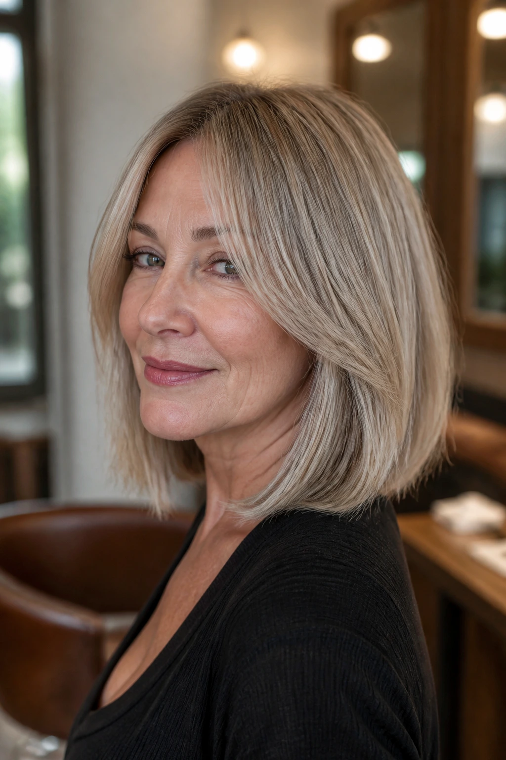 Close-up of real woman with shoulder-skimming bob and face-framing layers in warm salon light