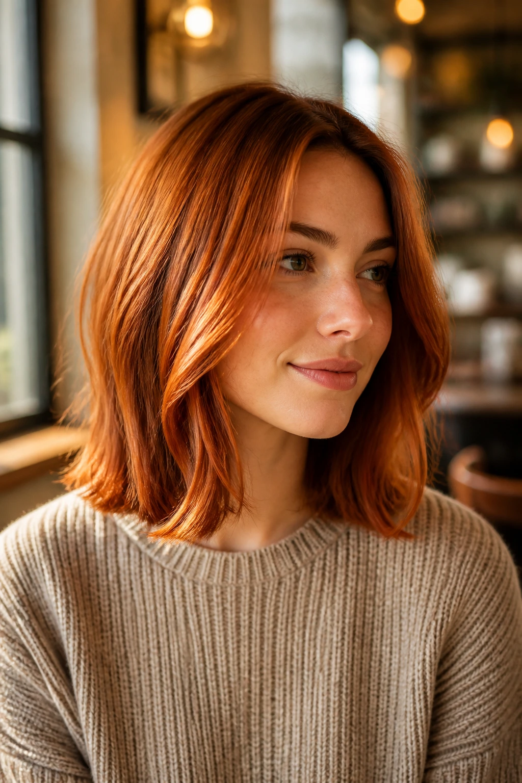 Close-up portrait of a real woman with shoulder-skimming copper lob in a cozy setting.