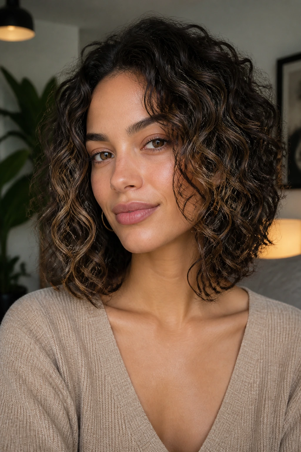 Close-up of real woman's shoulder-skimming curly lob with long face-framing pieces in warm daylight