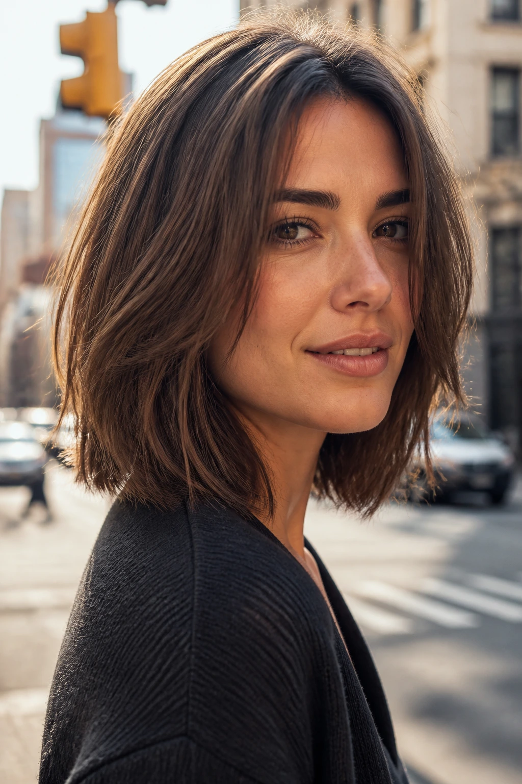 Close-up portrait of real woman with Shoulder-Skimming Layered Bob showing layered length at shoulder