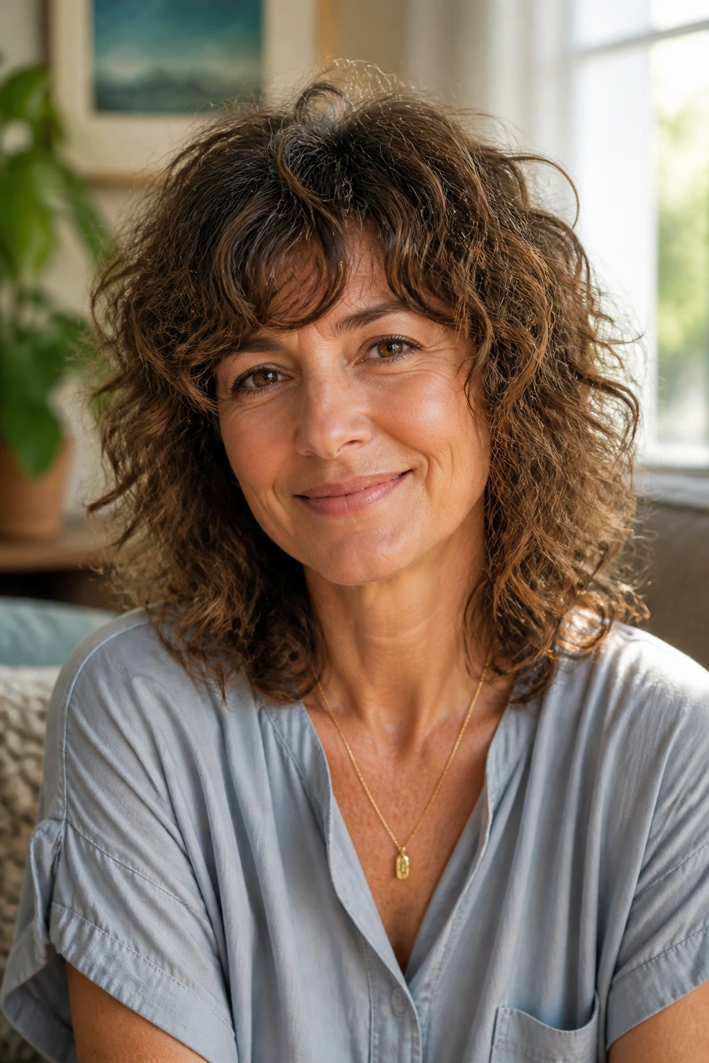 Portrait of a woman with shoulder-skimming layered curly shag