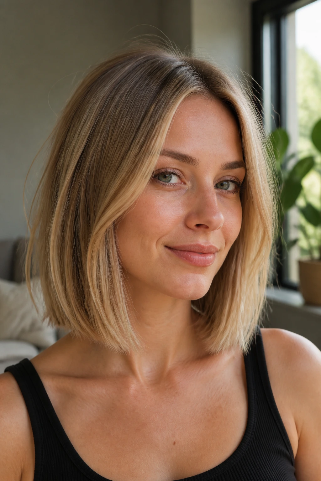 Close-up of a woman with a shoulder-skimming lob showing blunt edge and fine texture