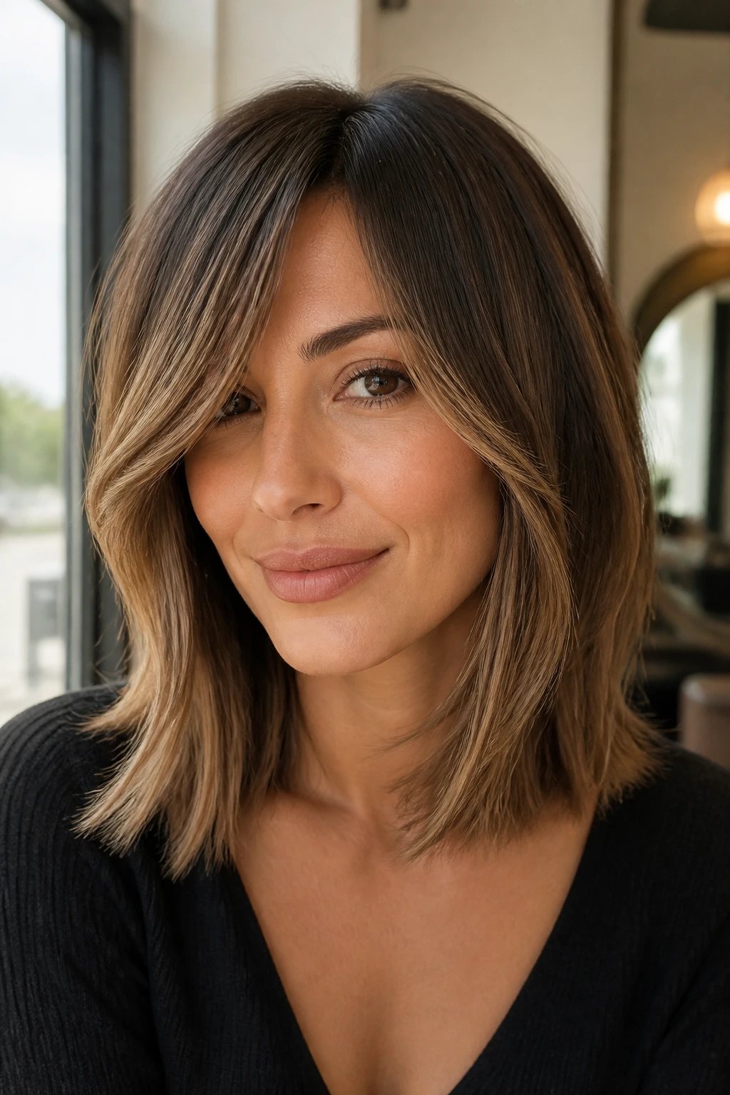 Close-up portrait of a real person with shoulder-skimming lob and long blended bangs.
