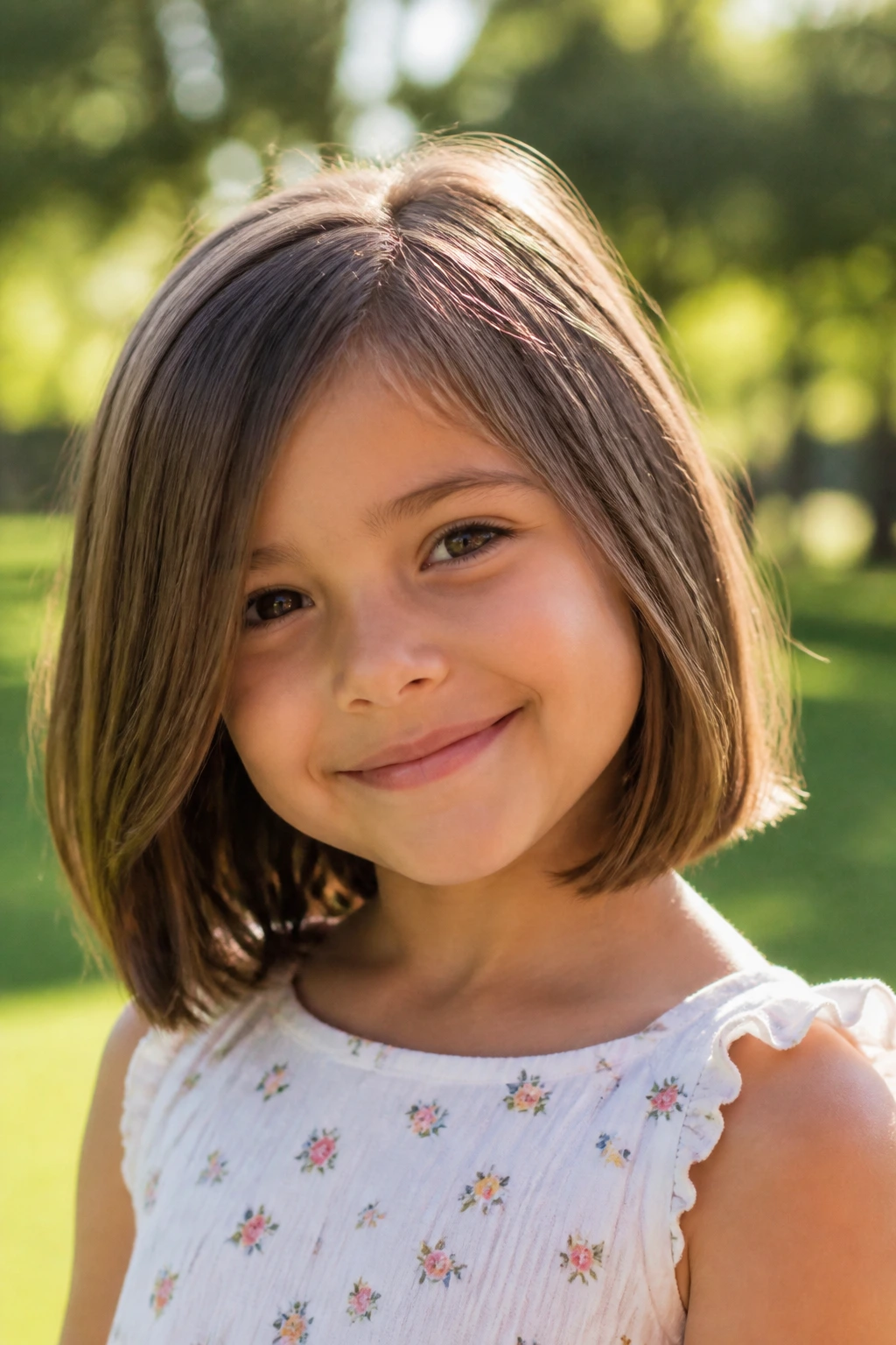 Close-up portrait of a real child with shoulder-skimming lob in a sunny outdoor setting