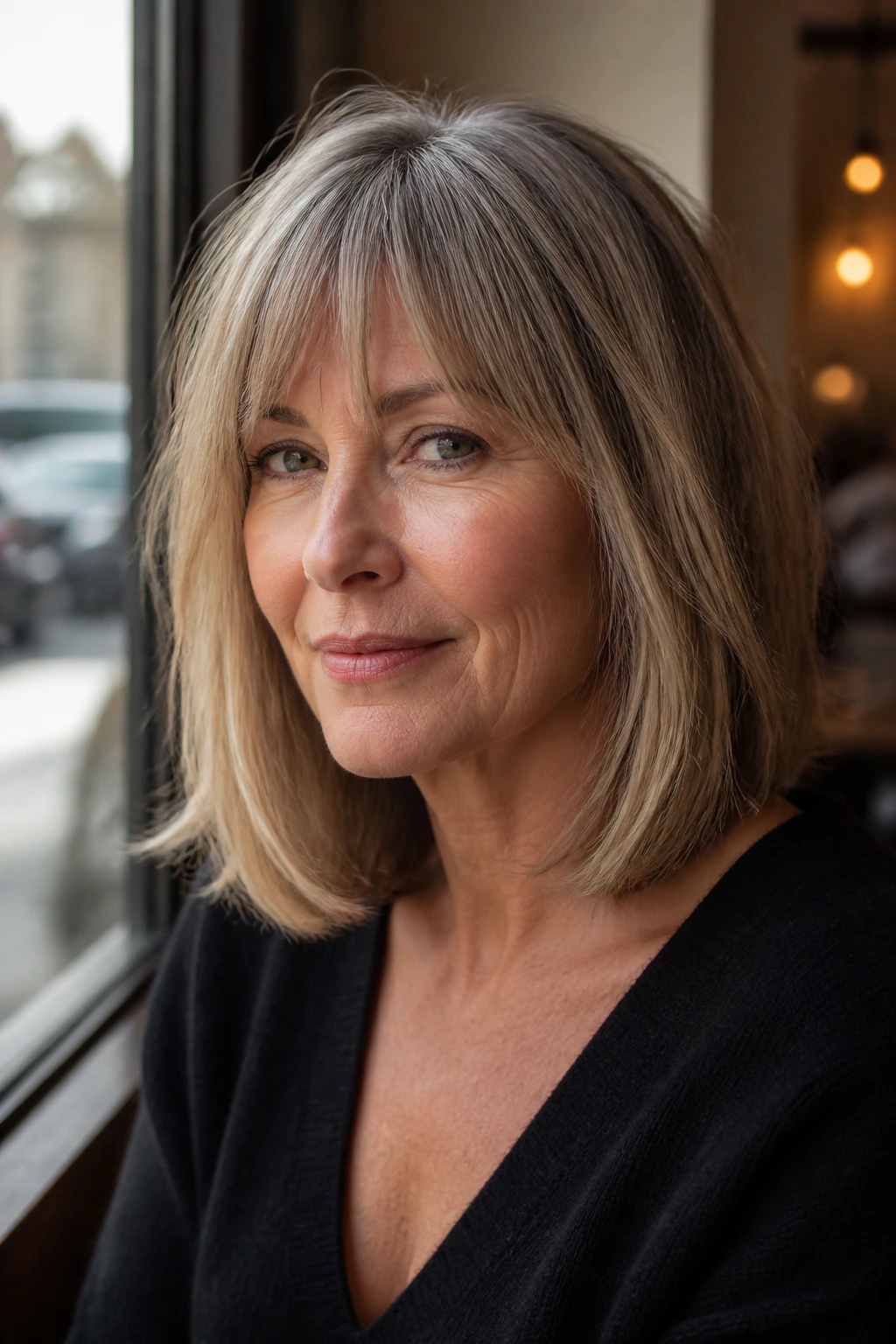 Portrait of a real woman with shoulder-skimming lob and soft fringe, cafe light.