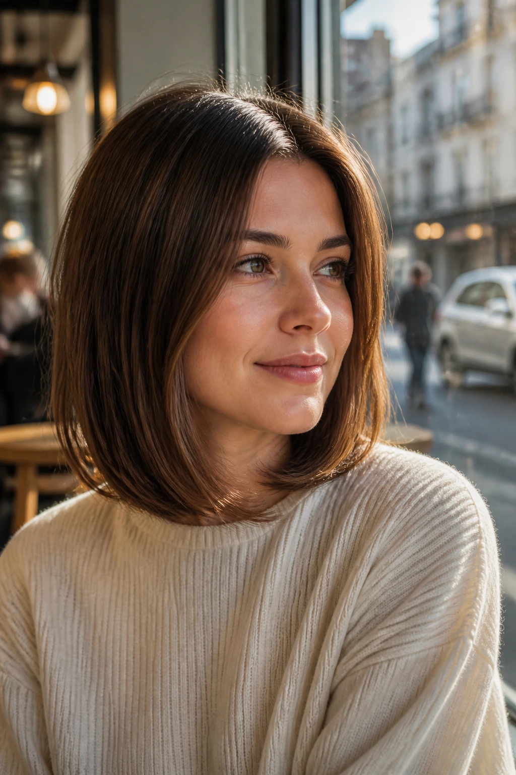 Close-up of a real woman with a shoulder-skimming lob and a subtle end bend in natural light.