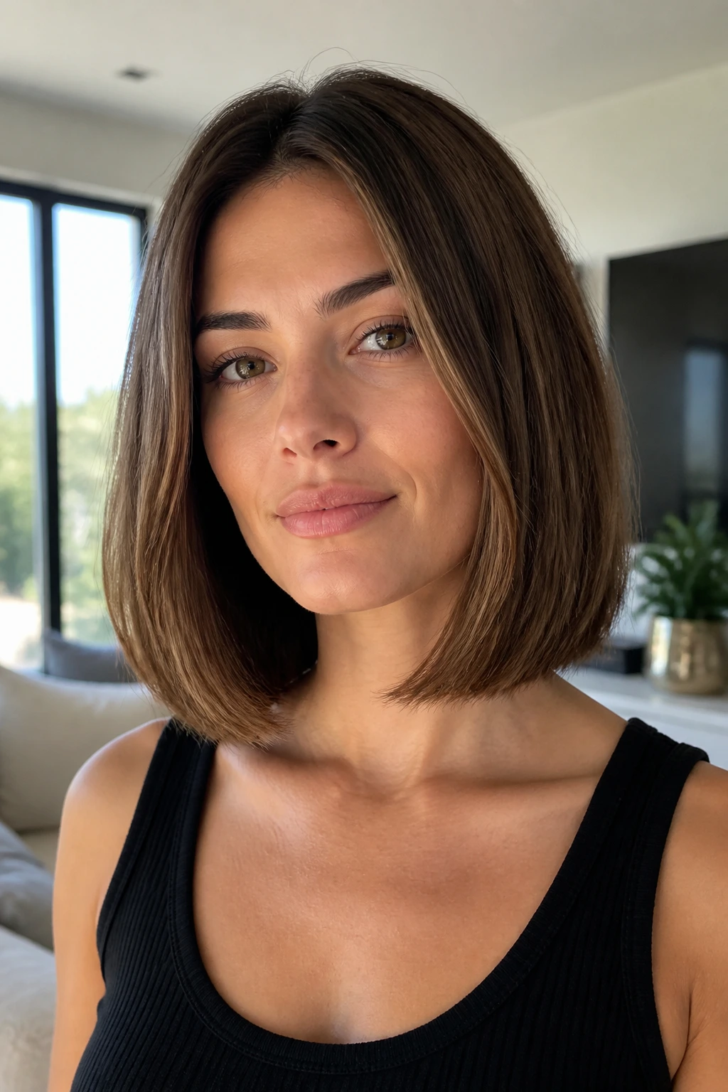 Close-up of a real woman with a shoulder-skimming blunt lob in a sunlit living room