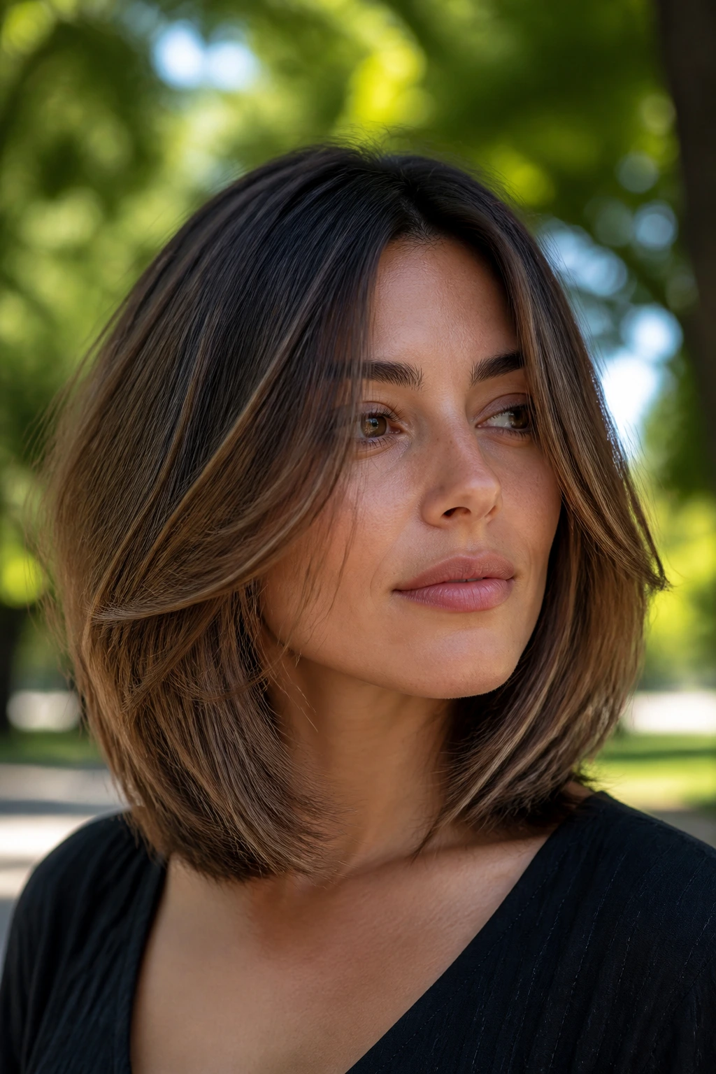 Portrait of a real woman with a shoulder-skimming long-layer lob in natural light.