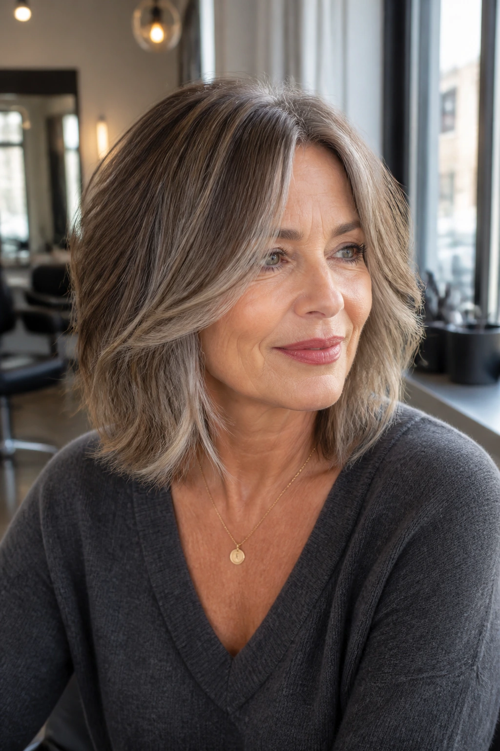 Close-up of a woman with a shoulder-skimming lob and face-framing pieces in salon light