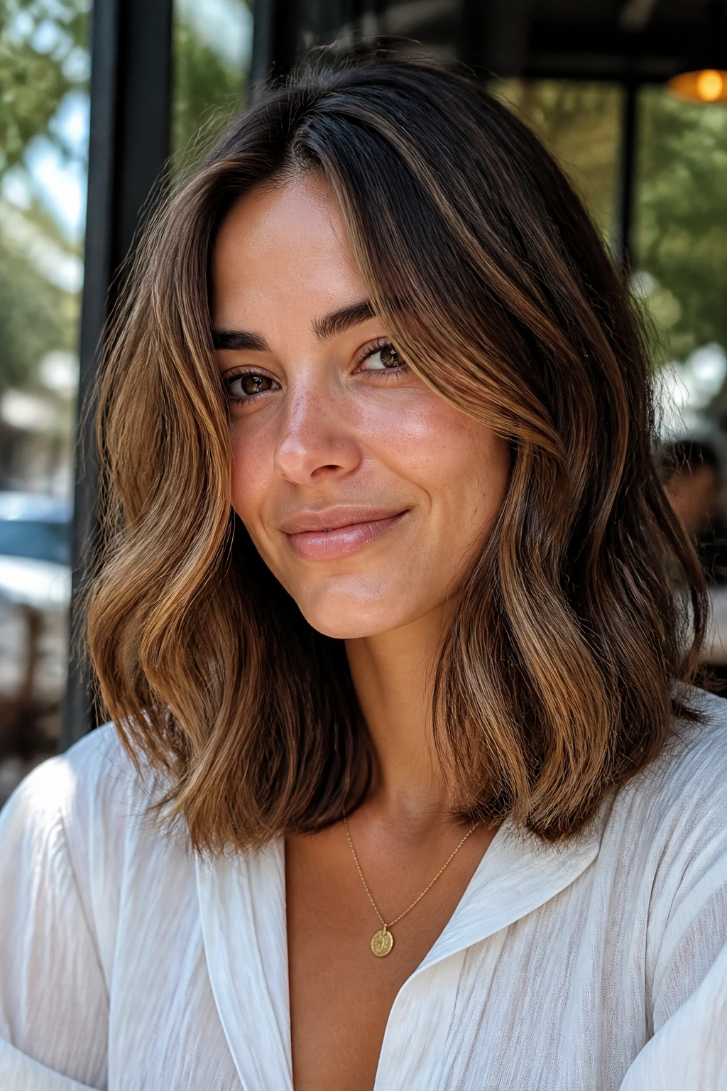 Close-up of a real woman with a shoulder-skimming lob hairstyle