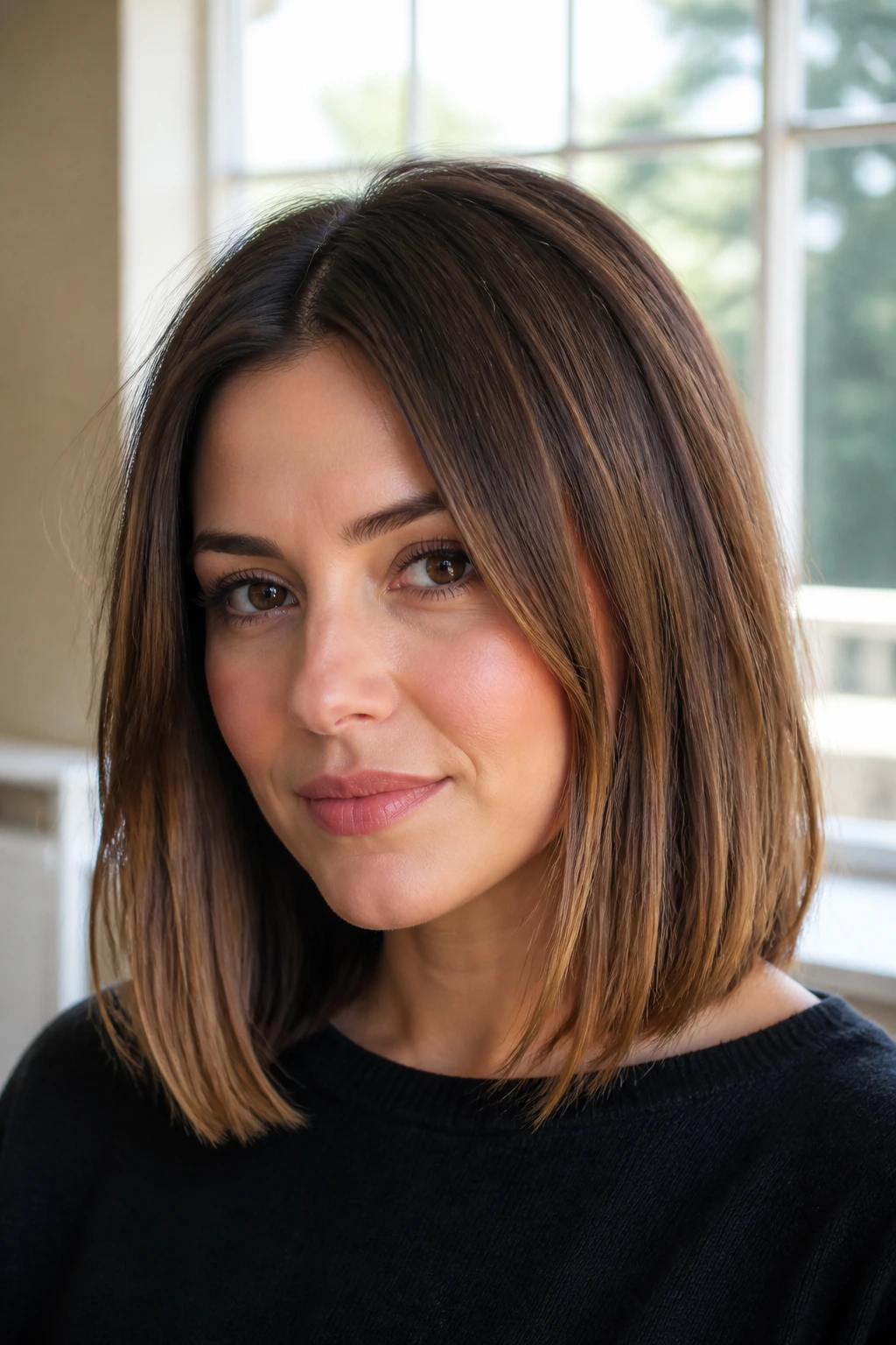 Portrait of a woman with a shoulder-skimming long bob in bright natural light