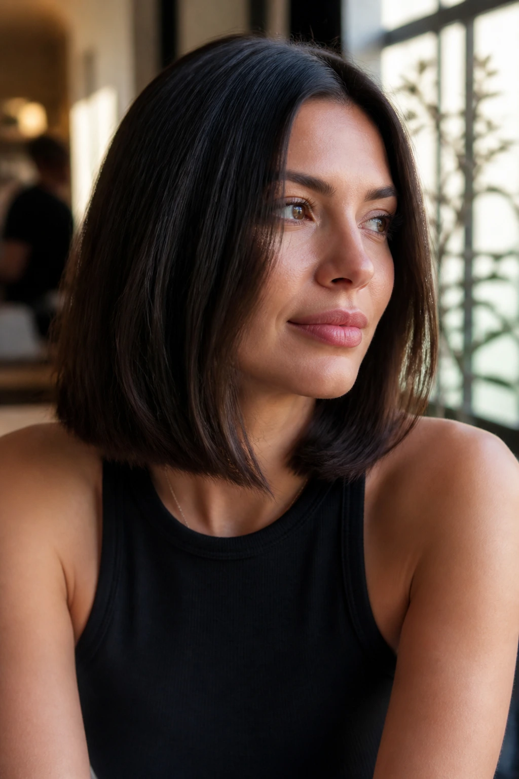 Medium close-up of a real woman with a shoulder-skimming long bob in a cafe
