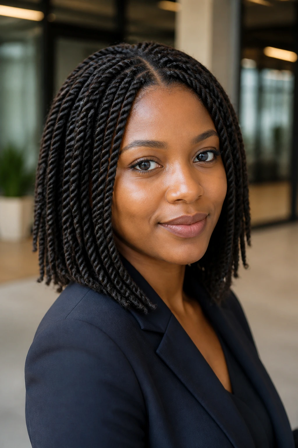 Shoulder-skimming Senegalese twists close-up portrait.