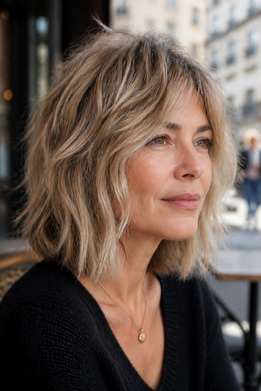 Portrait of a real woman with shoulder-skimming shag bob showing face-framing pieces
