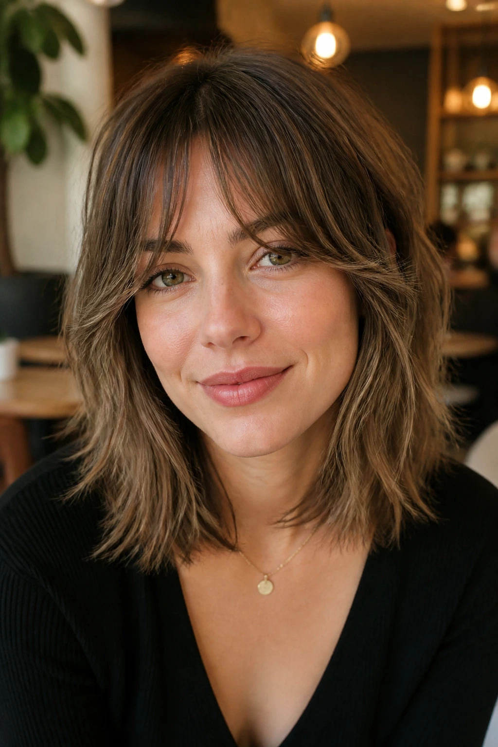 Portrait of a real woman with shoulder-skimming shag and bottleneck bangs in a cafe