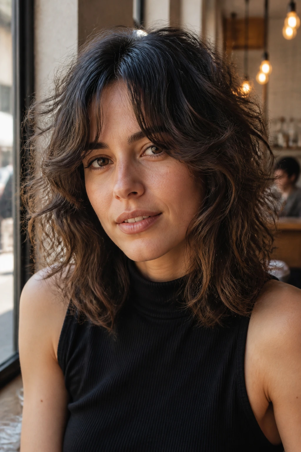 Close-up portrait of shoulder-skimming shag with soft curtain bangs on a real woman