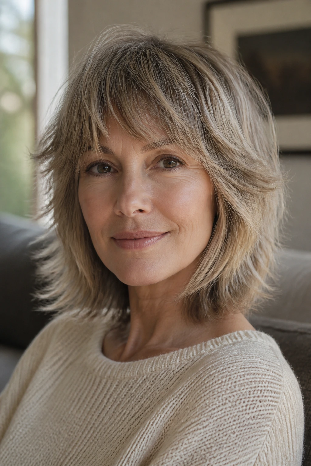 Close-up of a real woman with shoulder-skimming shag and soft face framing in natural daylight