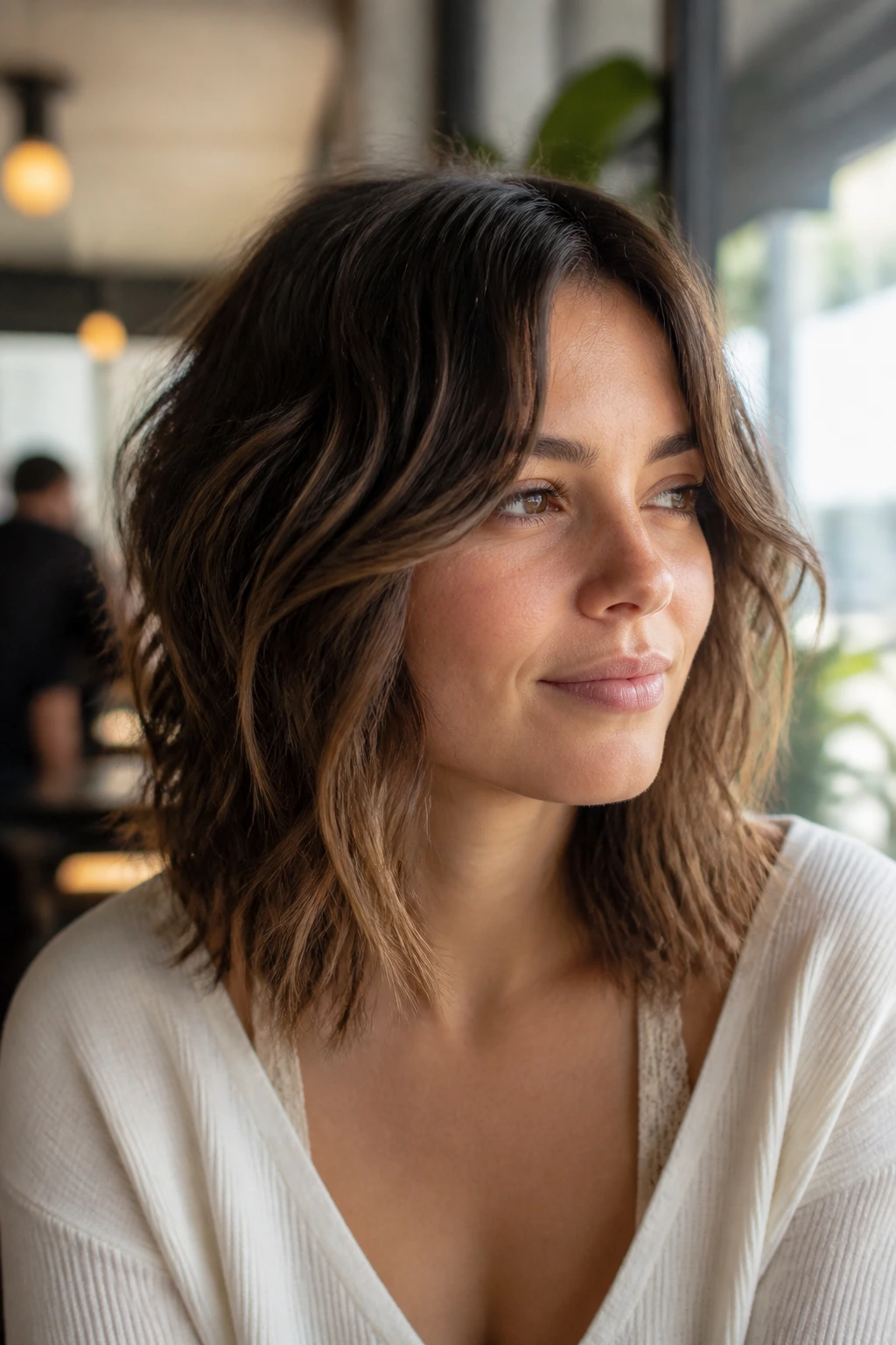Close-up portrait of a real woman with shoulder-skimming shag lob and front-piece movement.