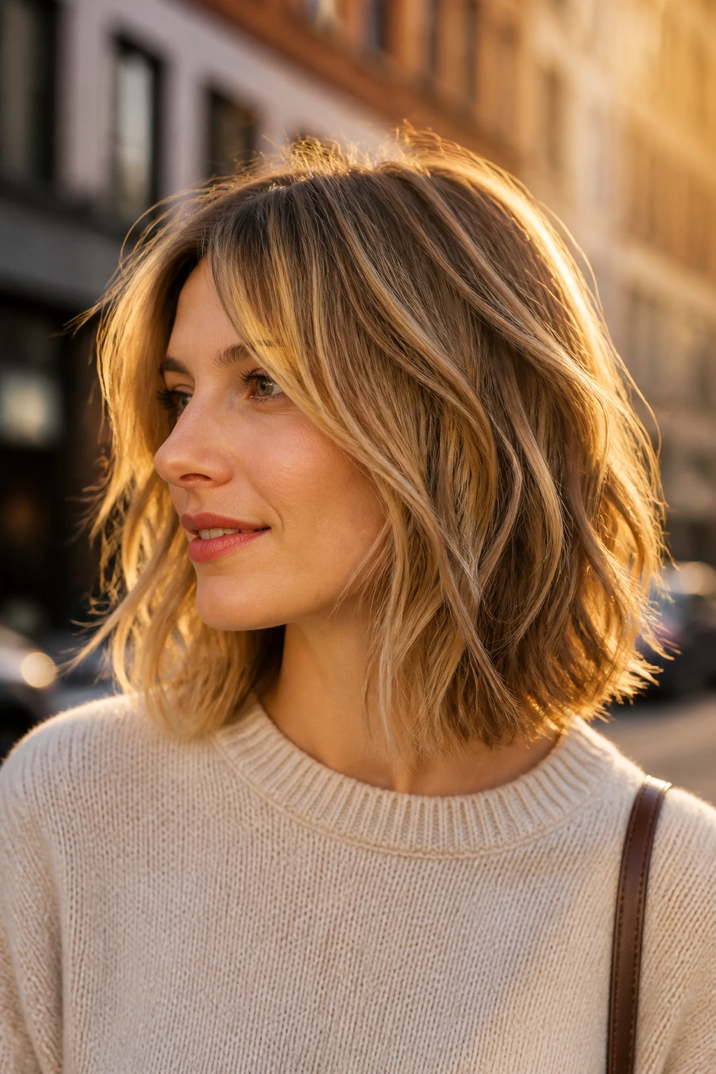 Medium-close portrait of a real woman with shoulder-skimming shag lob in golden hour light