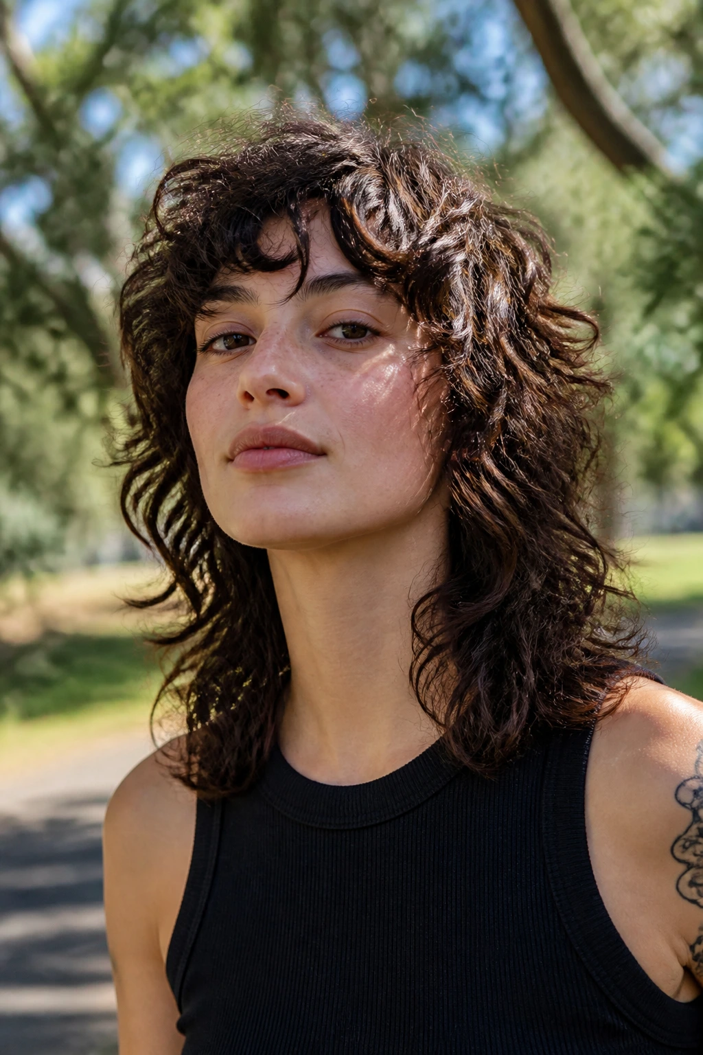 Close-up portrait of a real person with shoulder-skimming shag mullet in a park setting
