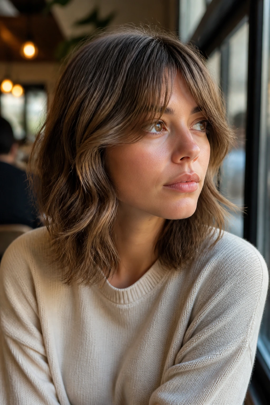 Close-up of a real woman with shoulder-skimming shag and S-curved bangs