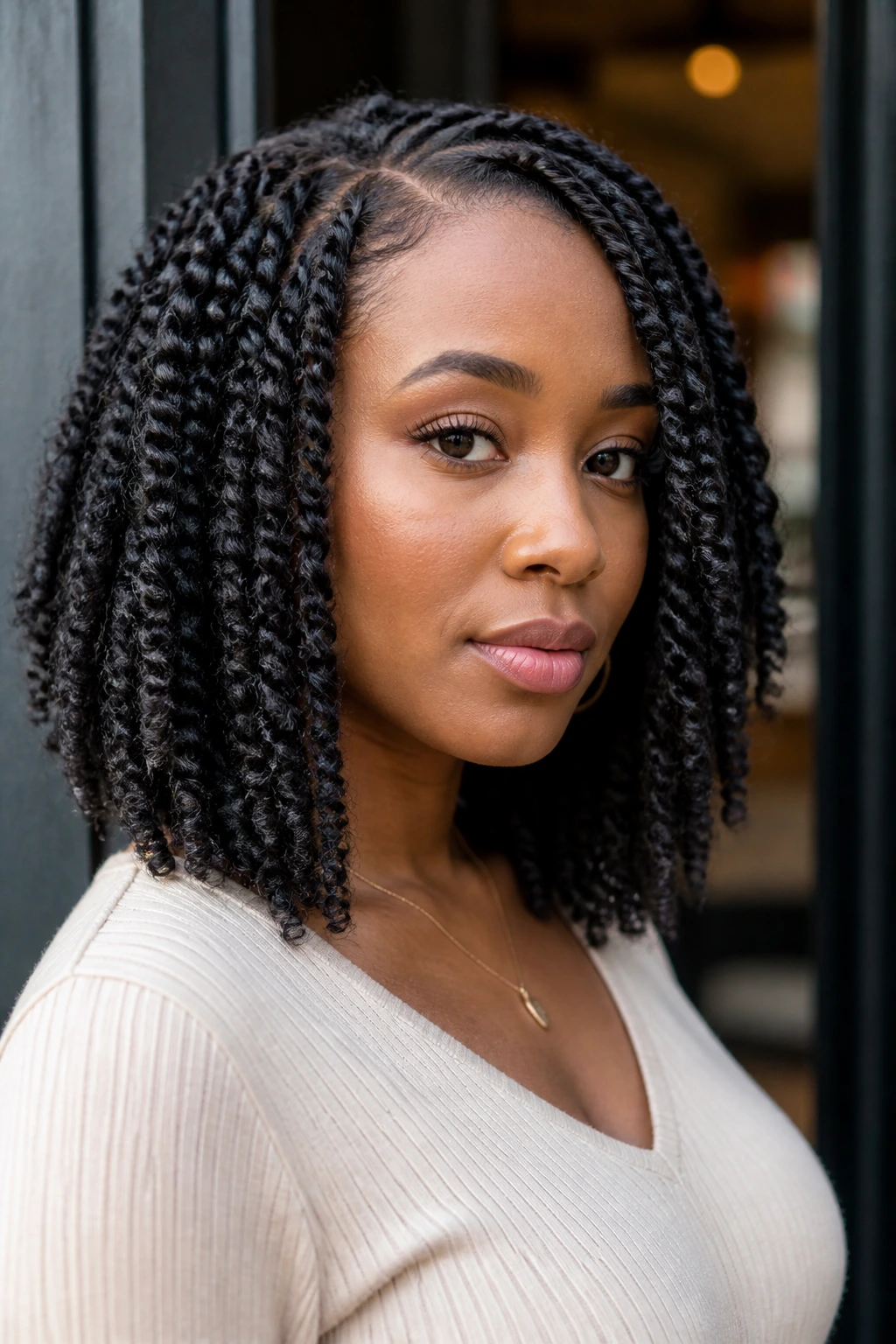 Close-up of a real woman with shoulder-skimming spring twist lob in a doorway