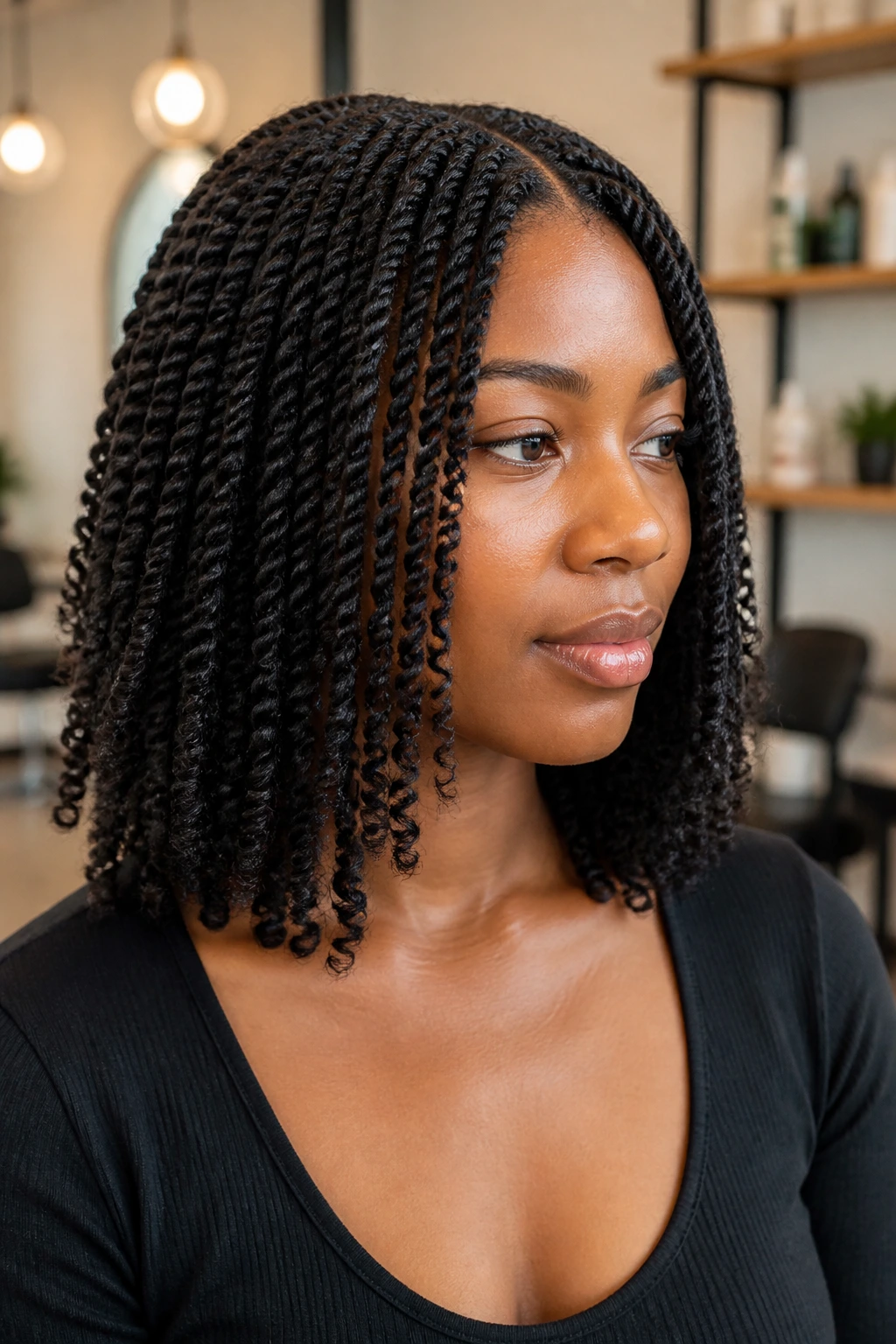 Close-up of a real woman with shoulder-skimming twists in a softly lit salon