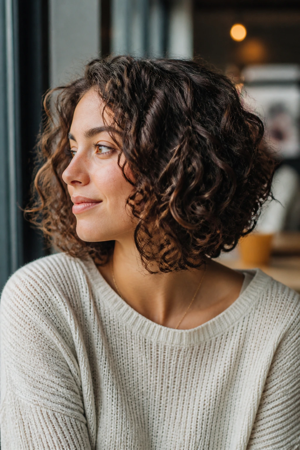 Close-up portrait of a real woman with Shoulder-Skimming Wedge Bob in a cafe setting.
