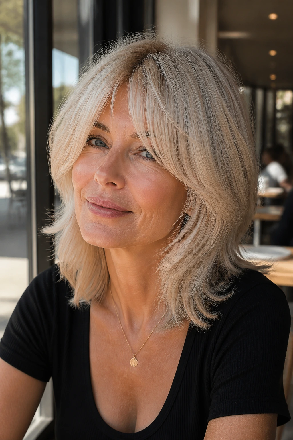 Close-up of an older woman with shoulder-skimming wolf cut and curtain bangs in platinum