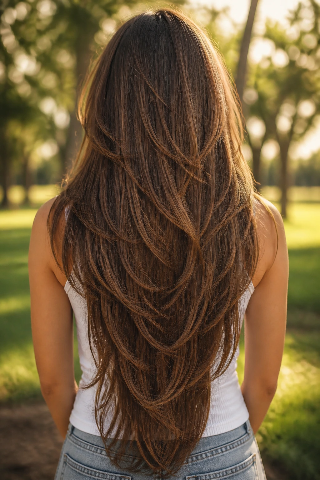 Back view of long thick hair with shoulder-to-waist piecey layers