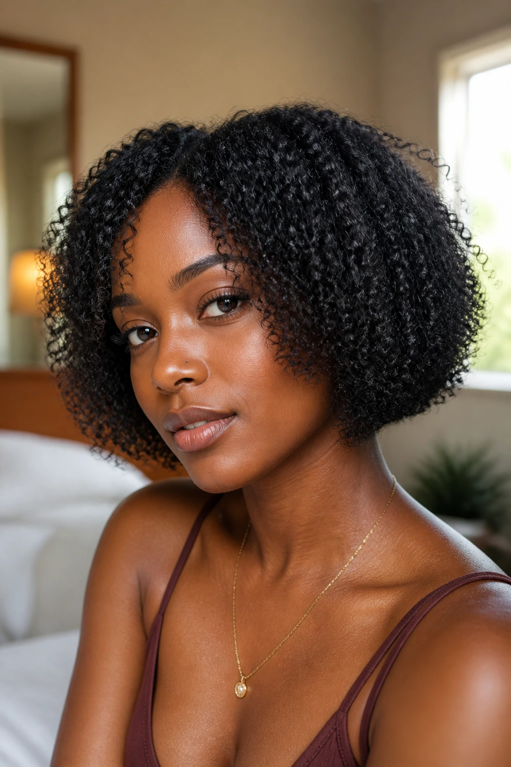 Close-up portrait of a Black woman with a shrinkage-aware bob showing texture and shape