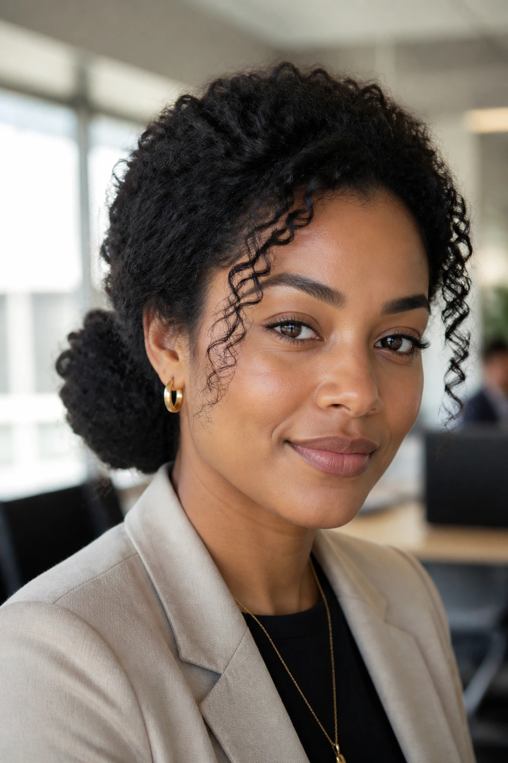 Real woman with shrinkage-friendly low bun in an office