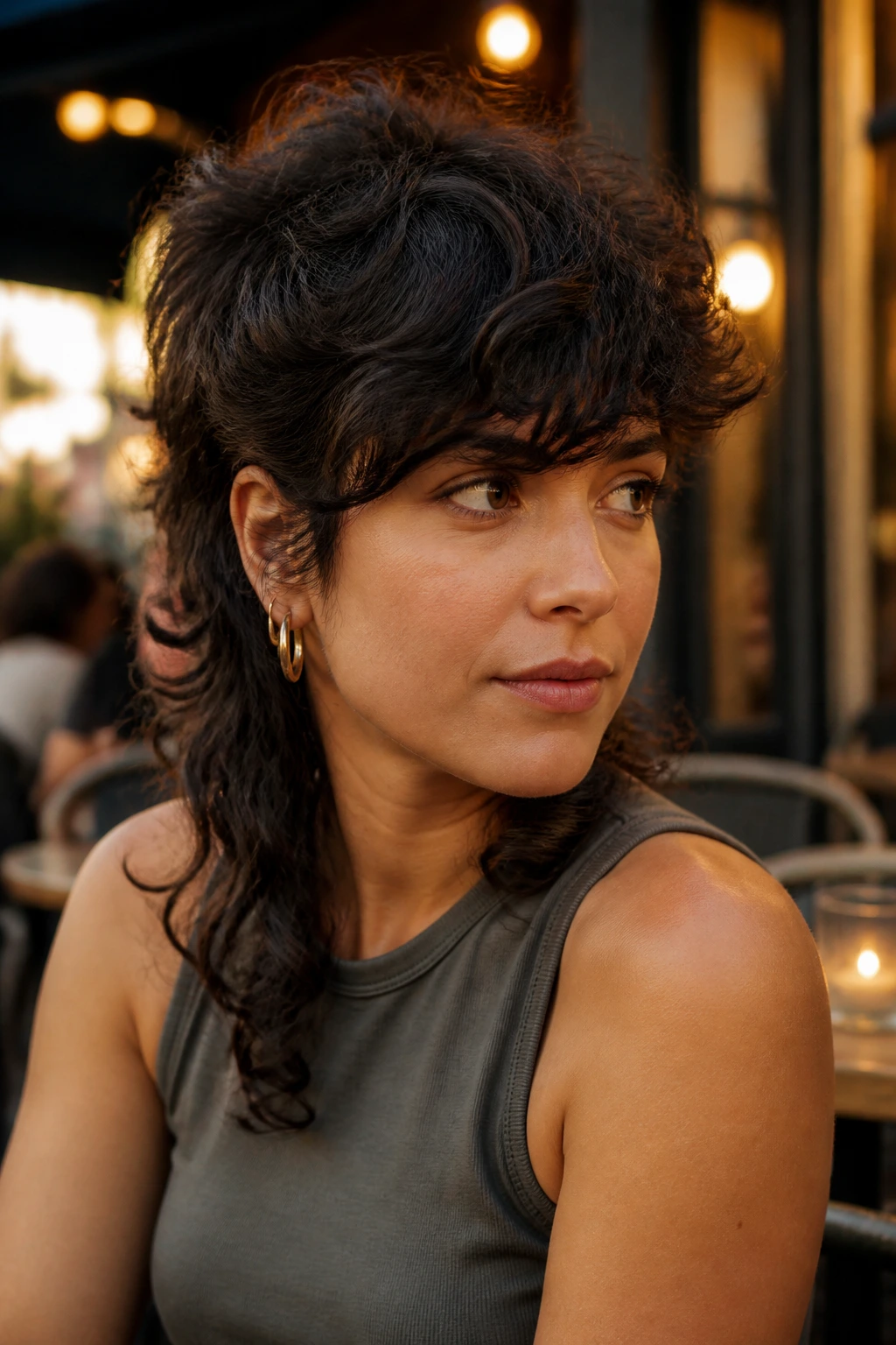 Close-up of shullet hairstyle with sweeping bangs on a real woman.
