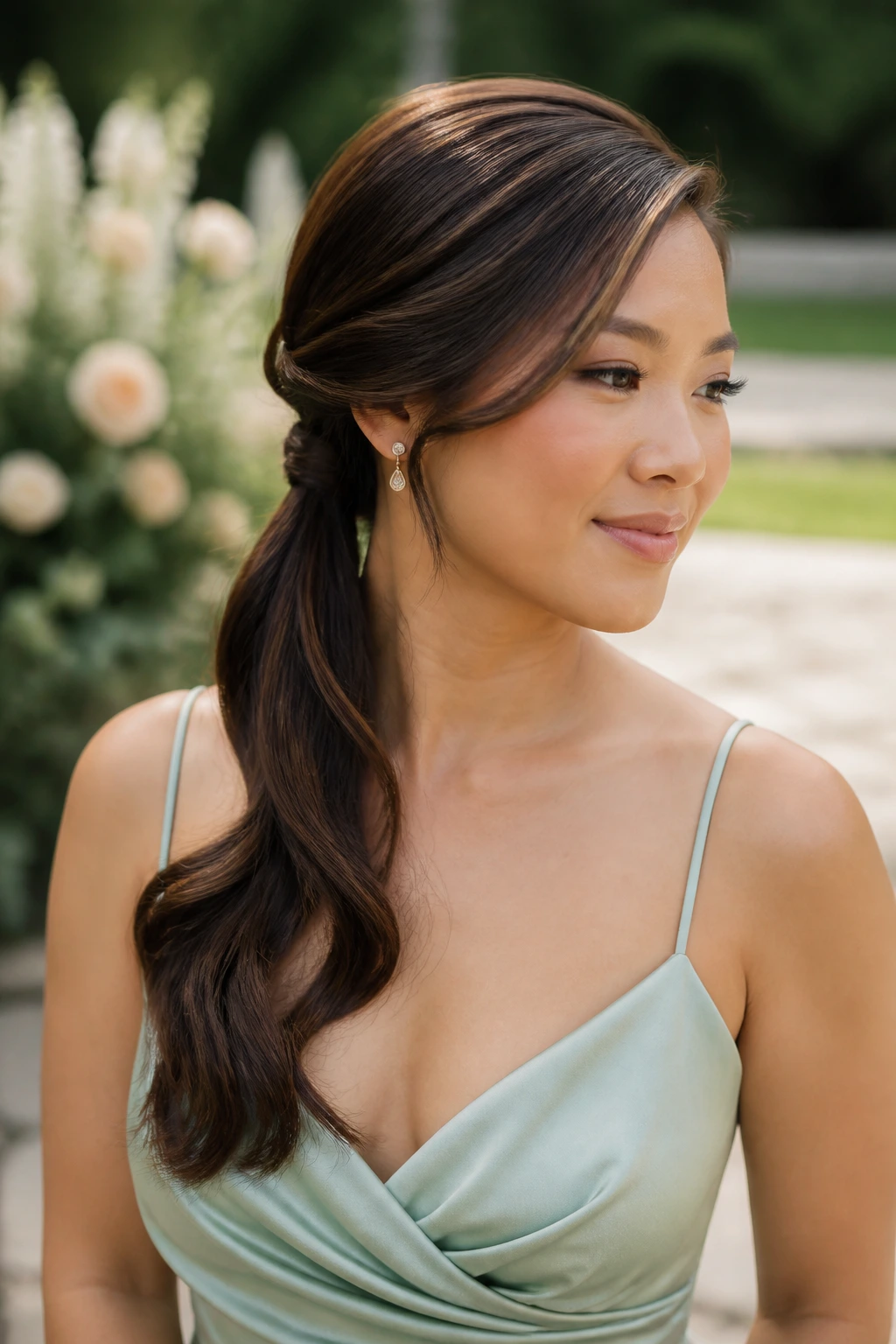 Real woman with side-anchored low ponytail