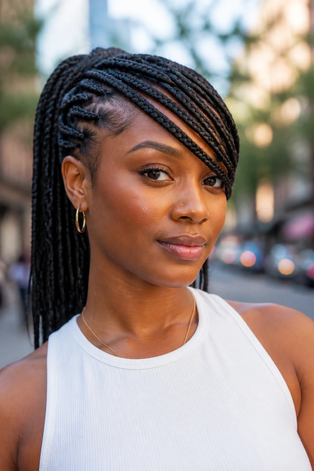 Close-up of side bang braids framing the face on a real person