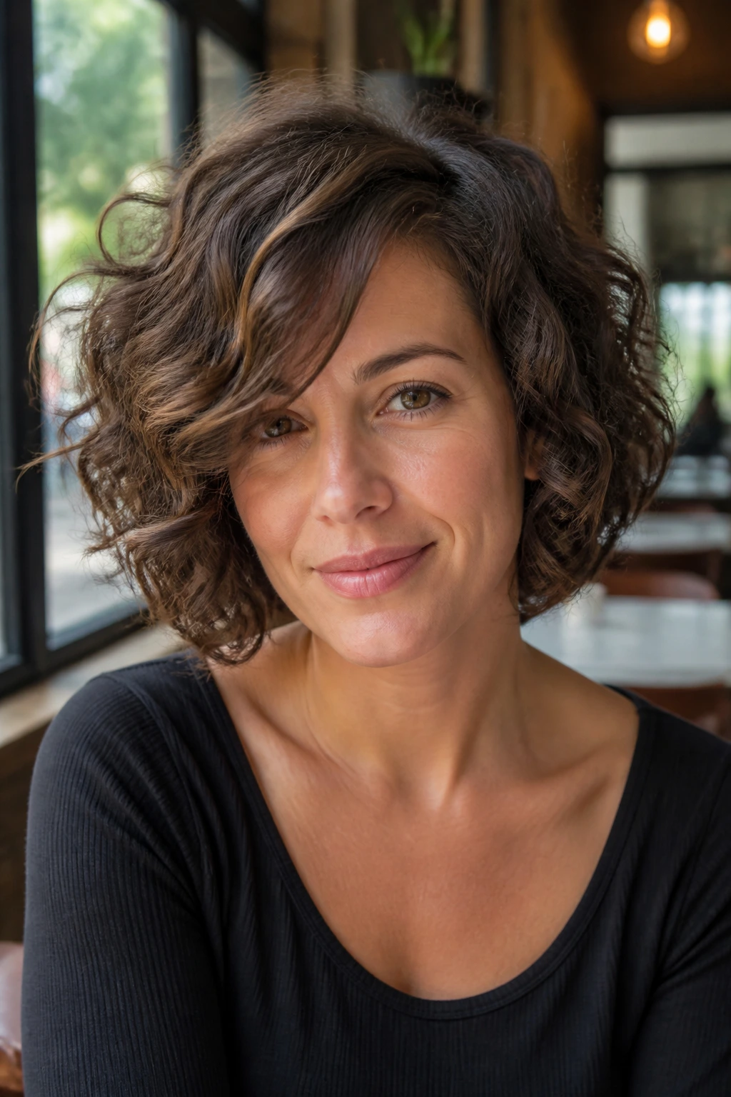 Close-up of a real woman with long side-bang curly bob sweeping across the forehead