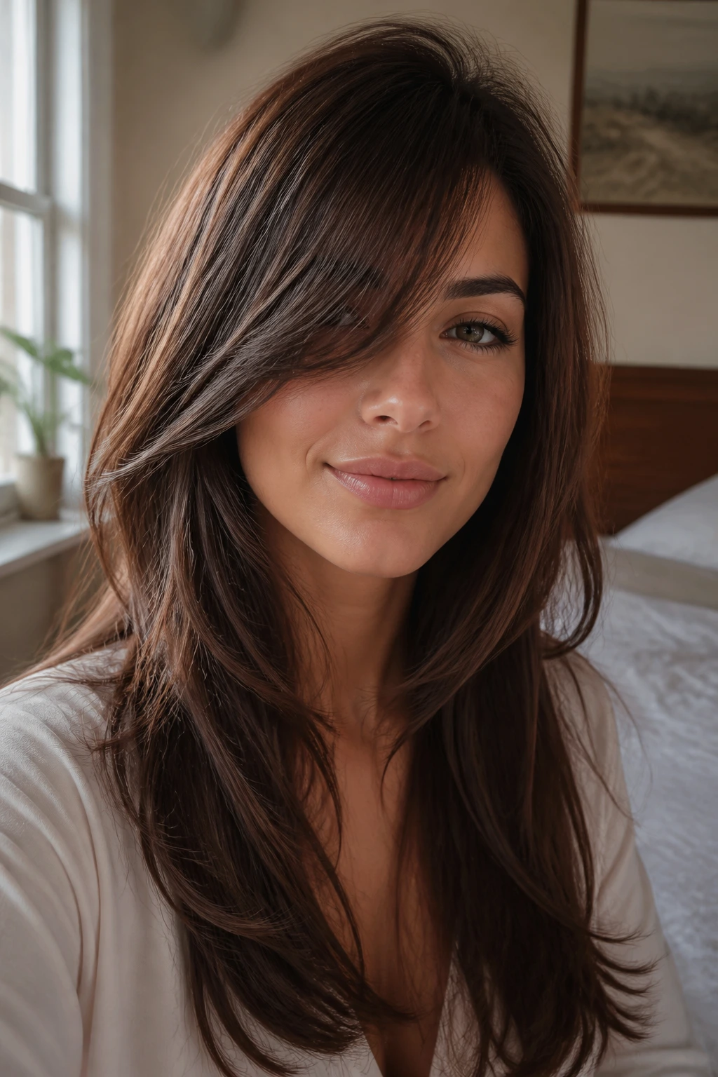 Close-up of a real woman's face with a long-layer, diagonal side-swept bang in warm window light.