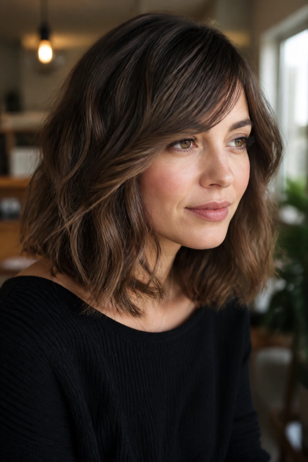 Portrait of a real woman with a side-bang lob and side-swept bangs.