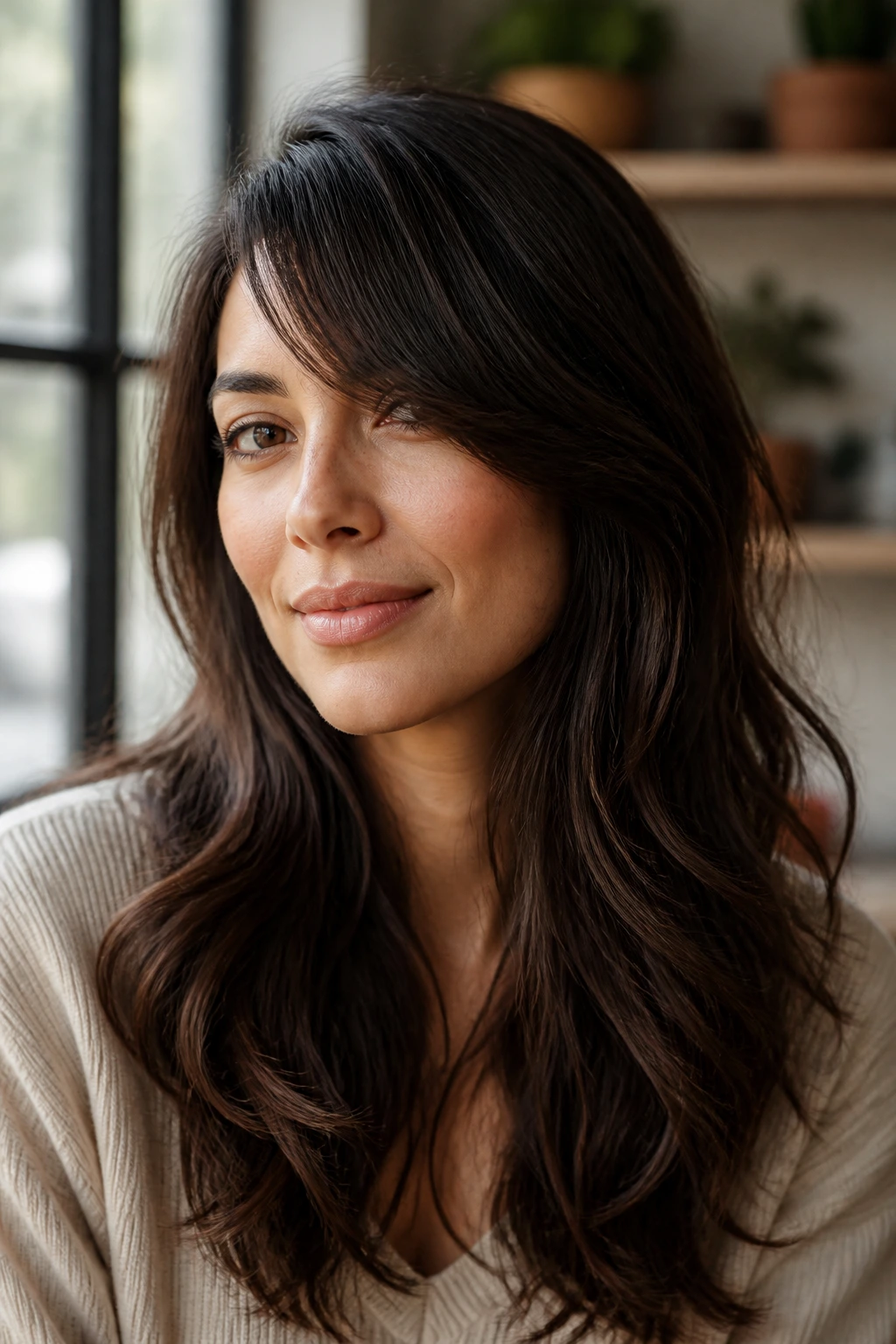 Portrait of a real person with a side bang shape suited to their hair texture.