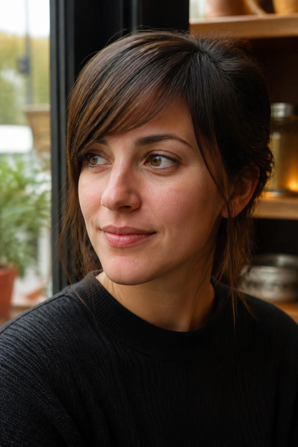 Portrait of a woman with diagonal side bangs in a cafe setting.