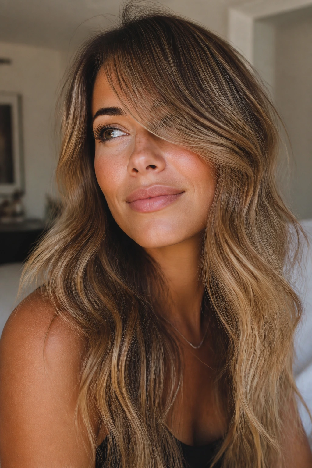 Close-up of a real woman with side bangs blending into beach waves under warm window light