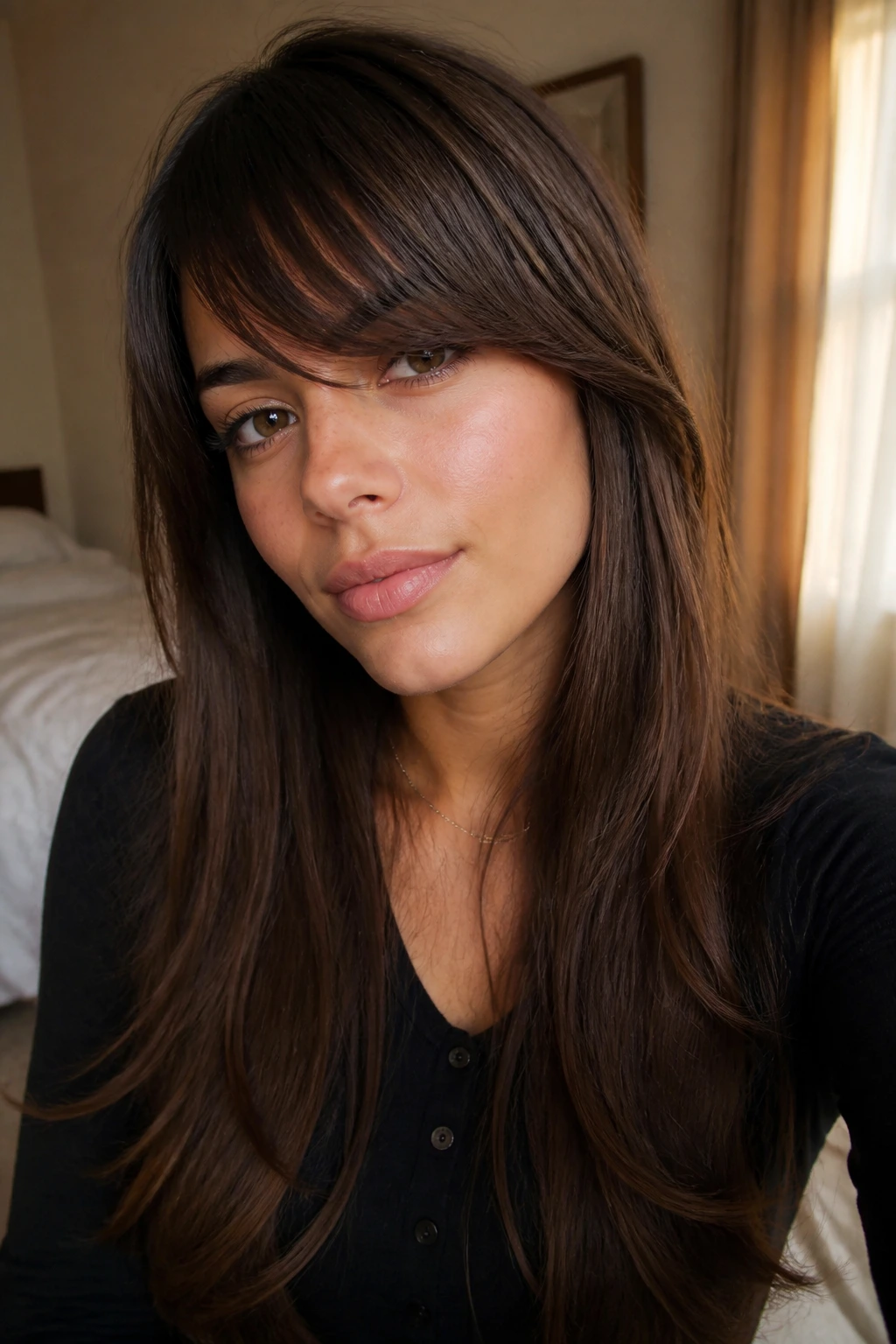 Portrait of person with tidy side bangs in natural window light