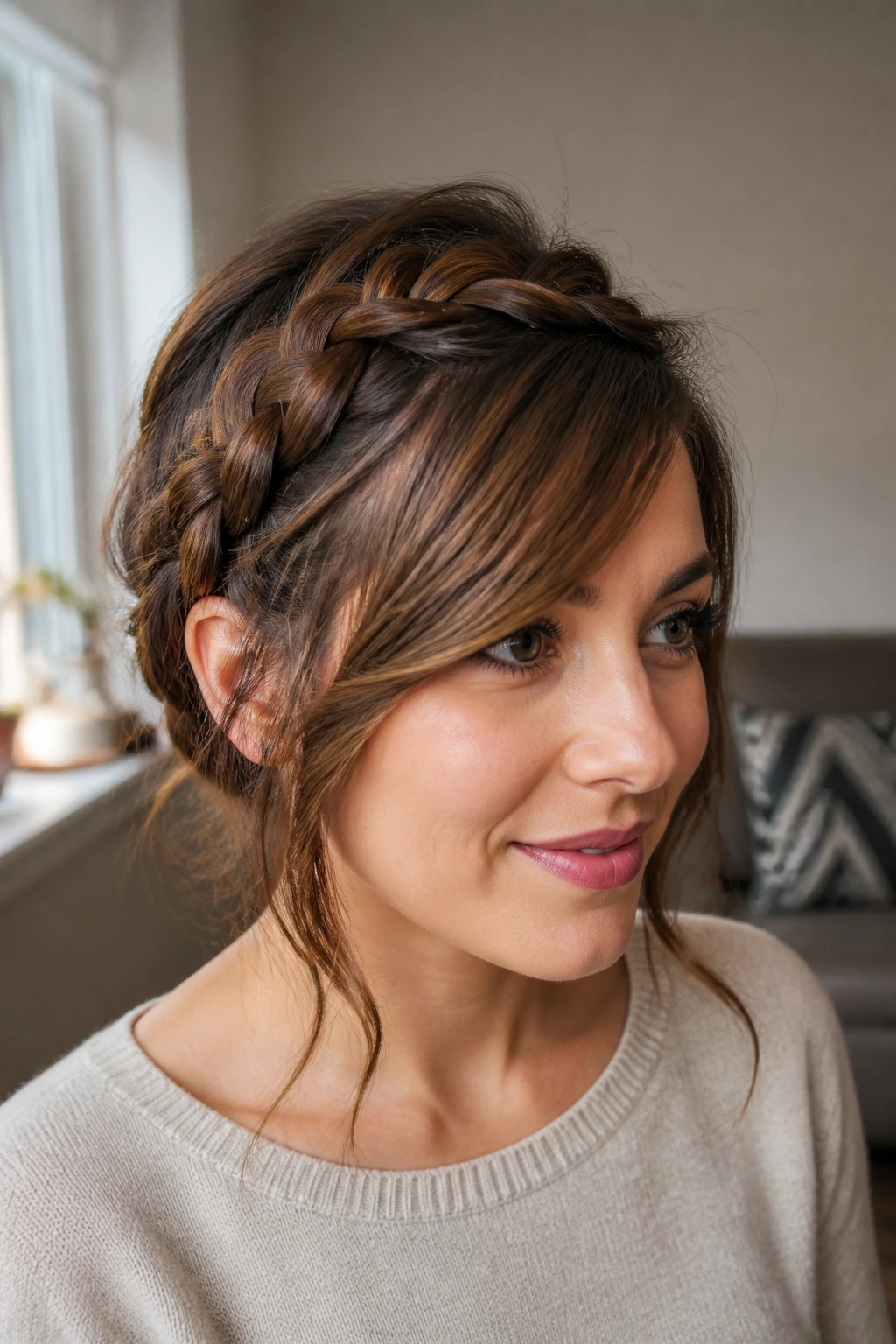 Close-up of a real woman with side bangs woven into a braid, natural light
