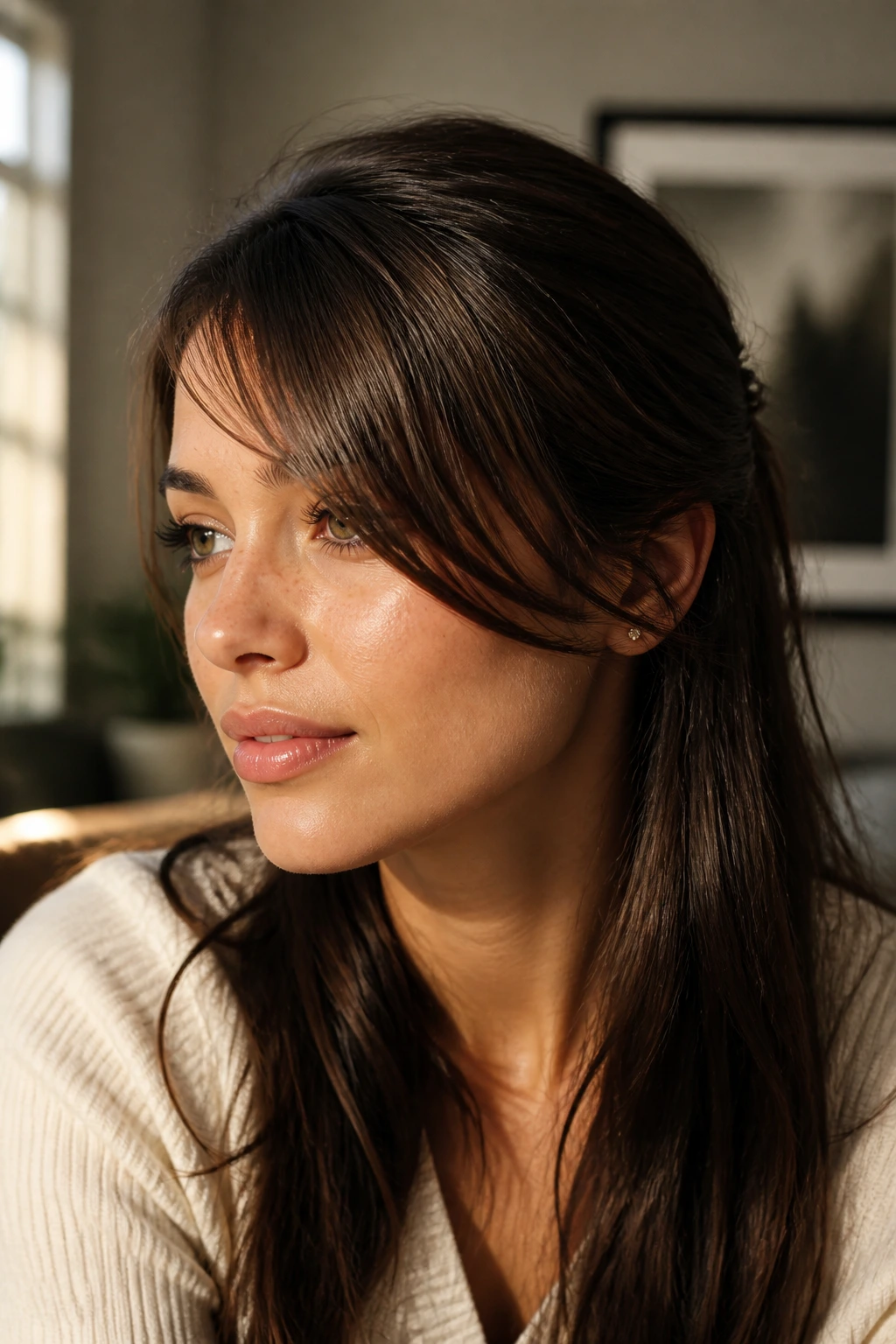 Portrait of a woman with cheekbone-skimming side bangs