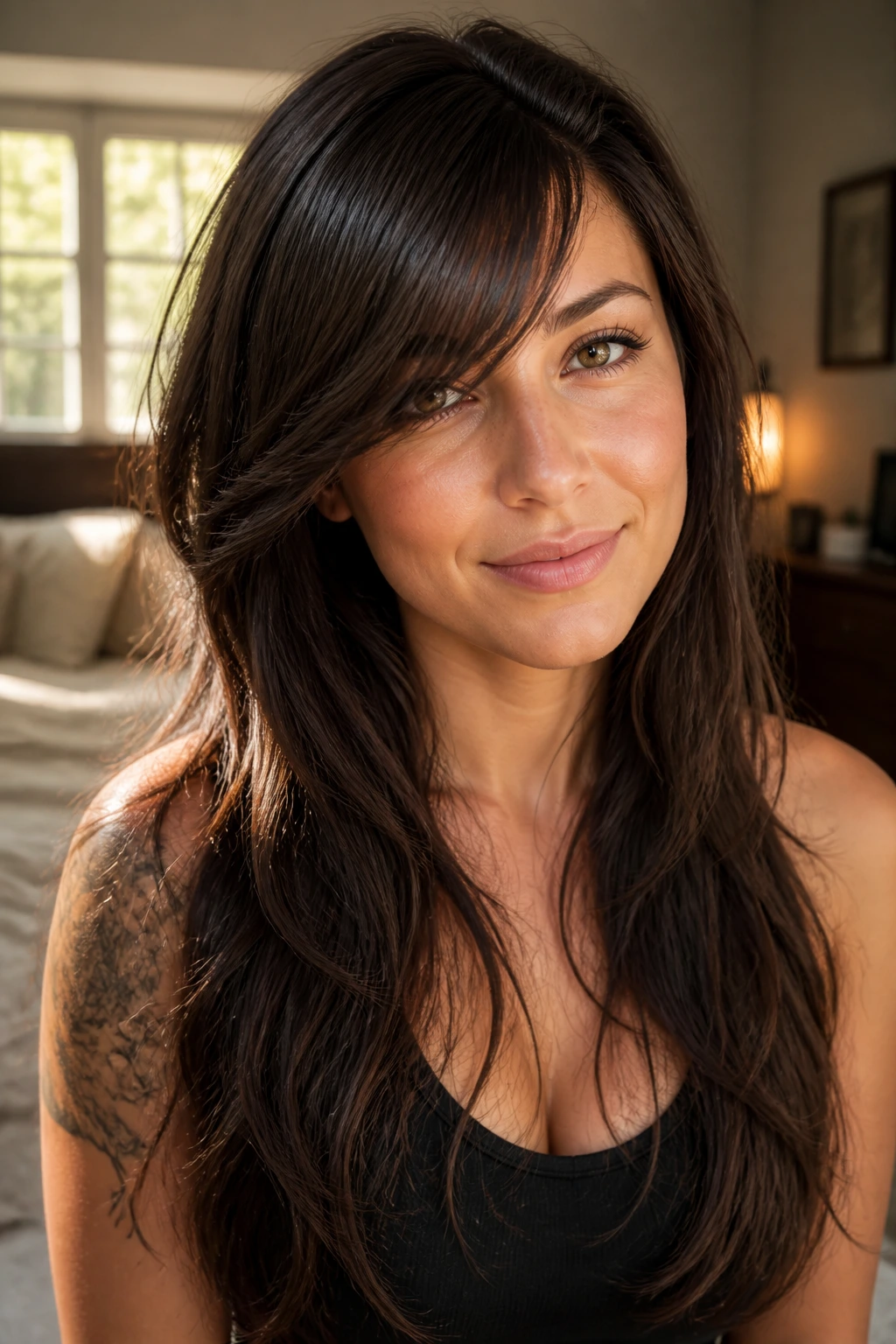 Close-up portrait of a woman with a diagonal side fringe framing her face in warm window light