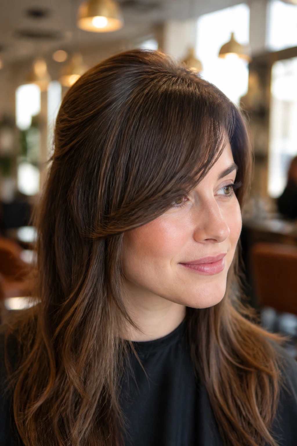 Close-up of a real woman with side bangs showing crown lift in warm salon light